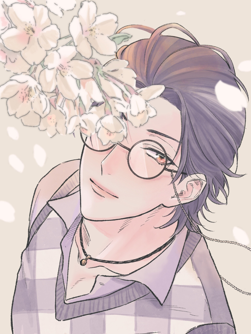 1boy black-framed_eyewear brown_eyes flower glasses grey_background grey_hair highres hypnosis_mic light_smile looking_up male_focus medium_hair plaid_clothes plaid_sweater_vest sweater_vest tsutsujimori_rosho zattacafe