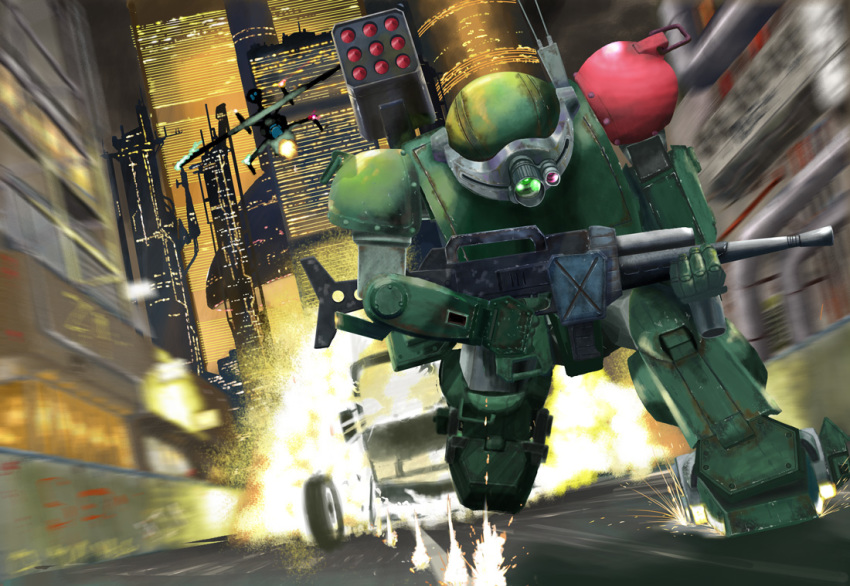 aircraft antennae bad_id bad_pixiv_id battle building chasing cityscape dodging explosion firing gun helicopter i.t.o_daynamics machine_gun machinery mecha motion_blur motor_vehicle night realistic revision robot rocket_launcher science_fiction scopedog soukou_kihei_votoms sparks truck unused_tire weapon