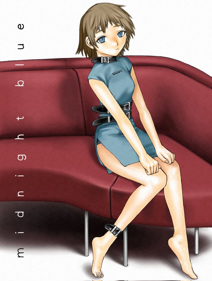 1girl ankle_belt barefoot belt belt_collar blue_dress blue_eyes breasts brown_hair closed_mouth collar commentary corrupted_twitter_file couch dress english_text expressionless highres kennomou looking_at_viewer on_couch original short_hair short_sleeves side_slit sitting solo symbol-only_commentary