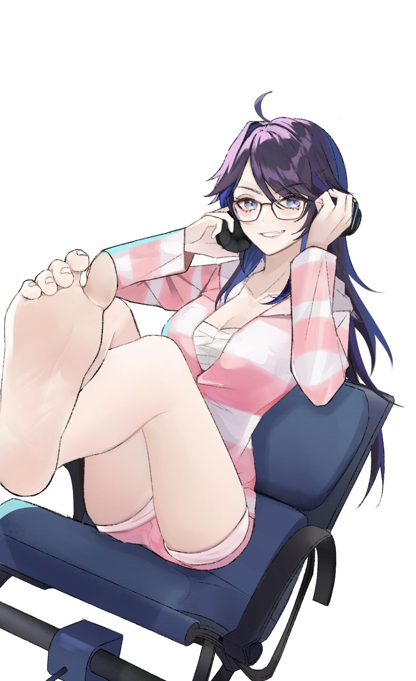 1girl absurdres adjusting_headphones ahoge bare_legs barefoot blue_eyes blue_hair breasts brown-framed_eyewear chair cleavage commentary crossed_legs eyelashes feet foot_focus foot_out_of_frame glasses grin headphones highres hood hoodie indie_virtual_youtuber kson kson_(2nd_costume) long_hair long_sleeves looking_at_viewer medium_breasts multicolored_hair pink_hoodie pink_shorts purple_hair sarashi sewally2 short_shorts shorts simple_background single_hair_intake sitting smile soles solo souchou striped_clothes striped_hoodie swept_bangs teeth thighs two-tone_hair two-tone_hoodie v-shaped_eyebrows virtual_youtuber white_background white_hoodie
