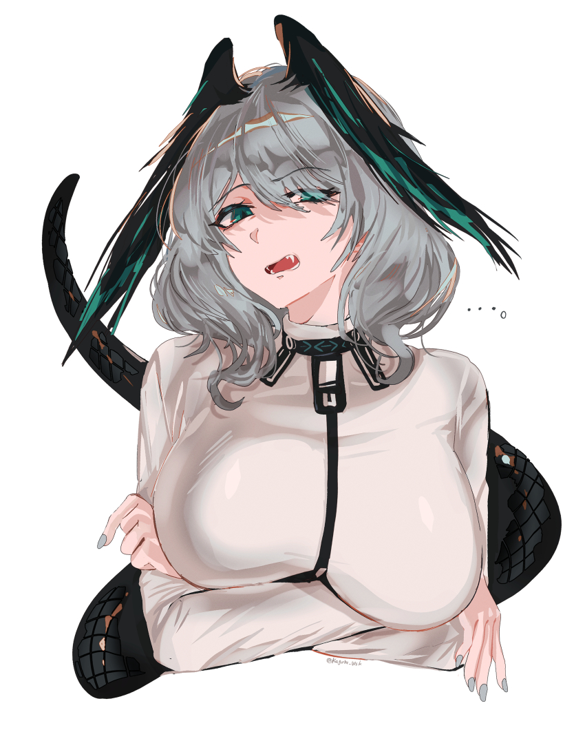 1girl absurdres aqua_eyes arknights breasts crossed_arms grey_hair highres ho&#039;olheyak_(arknights) kaguura_(kagu) large_breasts long_sleeves looking_at_viewer open_mouth short_hair simple_background snake_tail solo tail upper_body white_background
