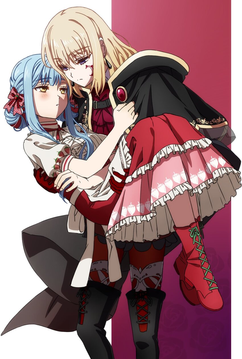 2girls aver_(yumenokessho) bang_dream! bang_dream!_it&#039;s_mygo!!!!! black_boots black_cape blonde_hair blue_hair blush boots cape closed_mouth commentary_request doloris_(bang_dream!) double_bun earrings facial_tattoo food_print fruit_print gloves hair_bun highres jewelry medium_hair misumi_uika multiple_girls oiun pantyhose parted_lips prince print_shirt purple_eyes red_background red_boots red_gloves red_pantyhose red_skirt shirt skirt strawberry_print tattoo thigh_boots togawa_sakiko two-tone_background white_background white_shirt yellow_eyes yumenokessho yuri