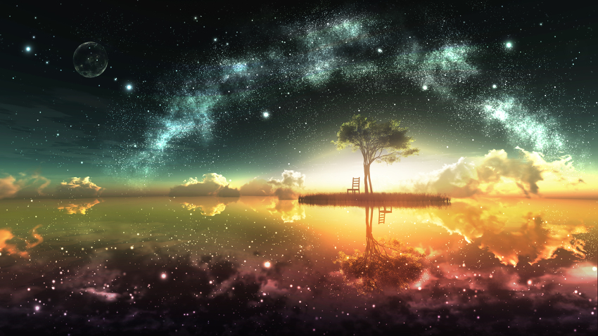 3d chair cloud different_reflection full_moon highres mirror_opposites moon night night_sky no_humans original reflection scenery sky star_(sky) starry_sky sunset surreal tree y-k_(y_k14) y_k14
