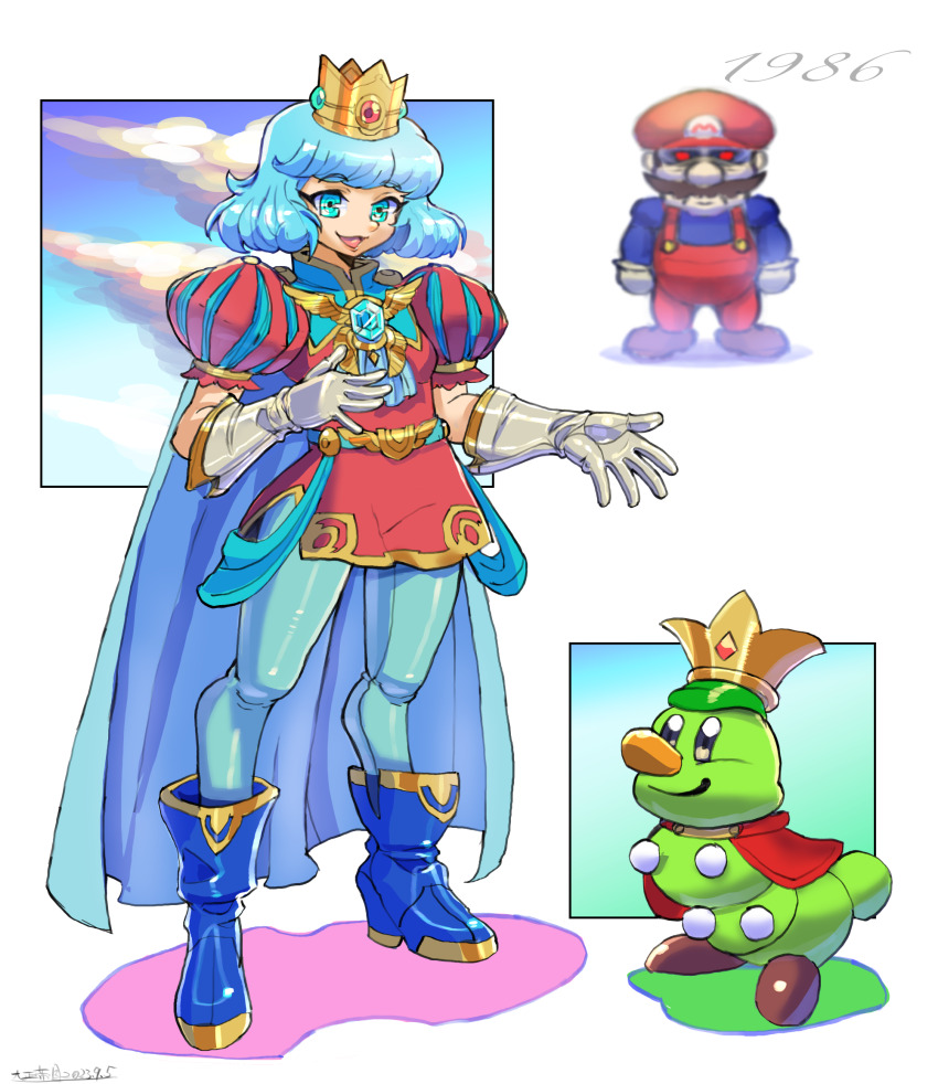 3boys androgynous angry aqua_eyes aqua_hair belt blue_cape blue_footwear blue_leggings blue_shirt bob_cut boots cape caterpillar crown eyelashes frilled_sleeves frills gloves hat highres jewelry leggings legs looking_at_viewer male_focus mario mario_(series) multiple_boys nintendo oomasa_teikoku overalls prince prince_florian prince_haru red_tunic shirt short_hair simple_background smile super_mario_bros.:_peach-hime_kyushutsu_dai_sakusen! super_mario_bros._wonder tunic white_gloves