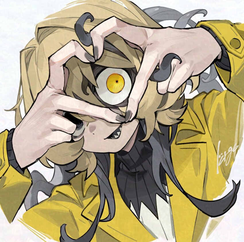 1girl bags_under_eyes black_eyes black_nails blonde_hair constricted_pupils four-finger_heart_hands grey_hair hastur_(koroguchi) heart heart_hands heterochromia highres koroguchi monster_girl multicolored_hair multiple_expressions multiple_views nail_polish one-eyed open_mouth original pale_skin raincoat sharp_teeth signature solo speech_bubble sweater teeth tentacles upper_body white_background wolf_cut yellow_eyes yellow_raincoat