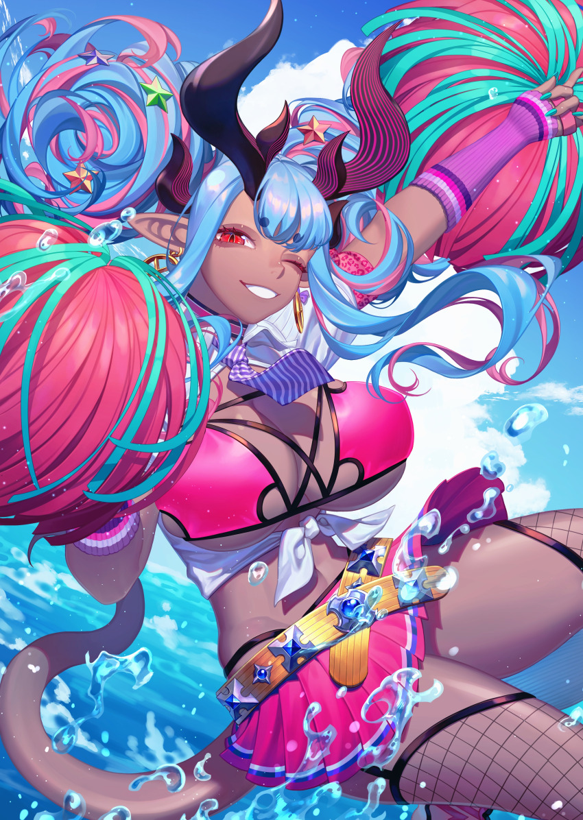 1girl absurdres bikini breasts cheerleader cleavage double_bun earrings erchongbaojun fate/grand_order fate_(series) fishnet_thighhighs fishnets hair_bun highres holding holding_pom_poms hoop_earrings ibuki_douji_(fate) ibuki_douji_(swimsuit_berserker)_(fate) ibuki_douji_(swimsuit_berserker)_(second_ascension)_(fate) jewelry large_breasts long_hair looking_at_viewer navel oni pink_bikini pink_skirt pom_pom_(cheerleading) pom_poms shirt skirt smile solo swimsuit thighhighs tied_shirt