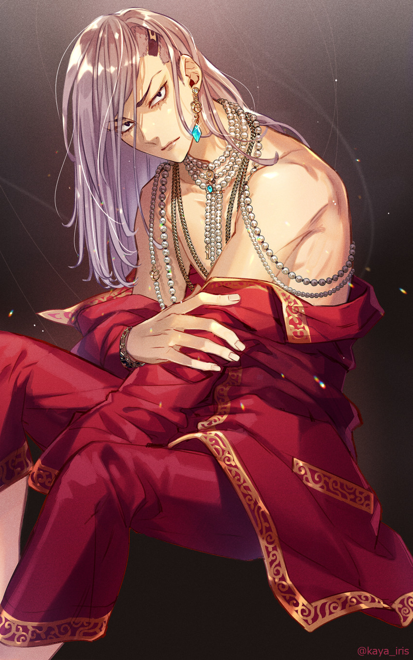 1boy asymmetrical_hair black_background black_eyes bracelet closed_mouth cowboy_shot earrings highres jewelry kaya_lily kokonoi_hajime long_hair looking_at_viewer lots_of_jewelry male_focus necklace off_shoulder pants red_pants red_shirt shirt single_earring sitting solo tokyo_revengers twitter_username white_hair