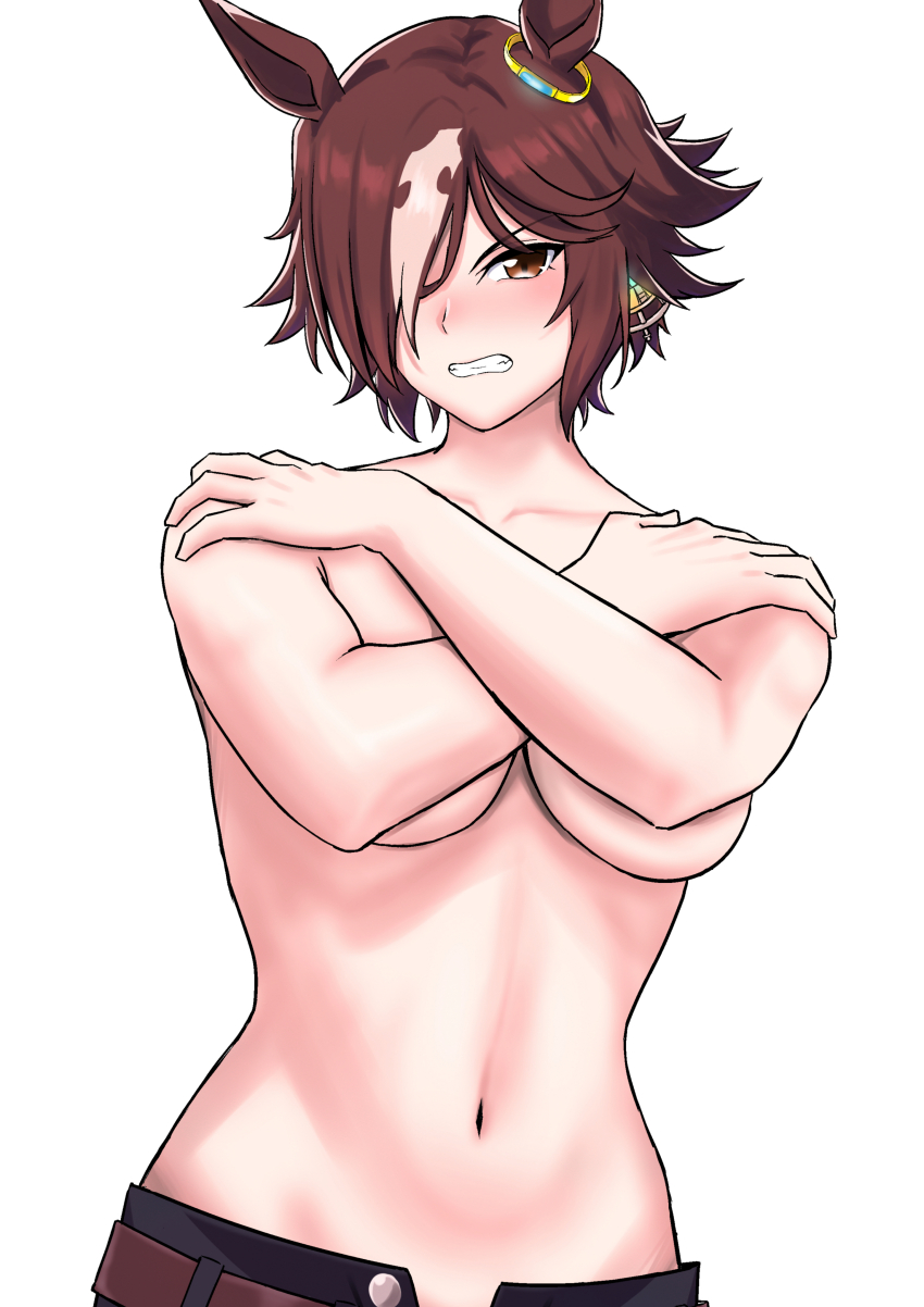 1girl absurdres animal_ears bare_shoulders black_shorts blush breasts brown_eyes brown_hair collarbone commentary_request covering_breasts covering_privates ear_ornament grimace hair_ornament hair_over_one_eye hakase_yurisuki highres horse_ears horse_girl looking_at_viewer medium_breasts multicolored_hair navel shorts simple_background solo streaked_hair topless_female umamusume underboob upper_body vodka_(umamusume) white_background white_hair