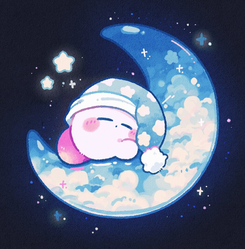 blue_hat blue_outline blush_stickers closed_mouth cloud commentary crescent_moon dot_mouth harukui hat highres kirby kirby_(series) lying moon night night_sky nightcap nintendo no_humans on_crescent outline sky sleep_kirby sleeping solo star_(sky) star_(symbol) starry_sky symbol-only_commentary