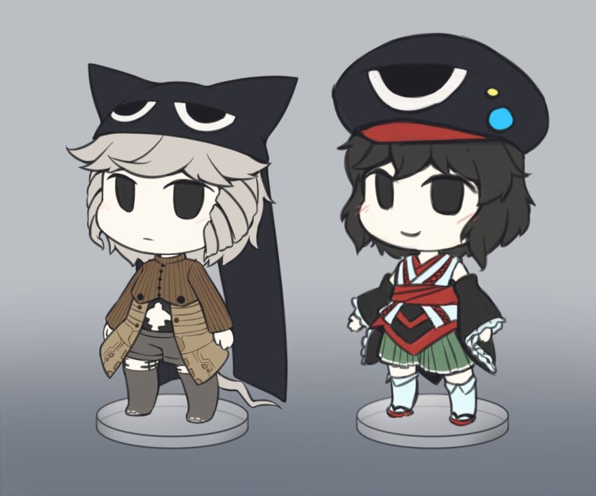 2others androgynous animal_ear_headwear animal_ears bare_shoulders beanie black_eyes black_hair black_hat black_shirt black_sleeves boots brown_sweater cabbie_hat cat_ears chibi closed_mouth clothing_cutout collared_socks colored_skin commentary_request detached_sleeves expressionless eye_of_senri fake_animal_ears faux_figurine frilled_sleeves frills gradient_background green_hakama grey_background grey_boots grey_hair grey_shorts hakama hakama_short_skirt hakama_skirt hat hat_pin japanese_clothes kimono kneehighs len&#039;en light_blush long_sleeves looking_ahead multiple_others obi other_focus red_sandals red_sash rei_(len&#039;en) ringlets sandals sash shirt shirt_under_sweater short_hair short_kimono shorts simple_background skirt sleeveless sleeveless_kimono smile socks stomach_cutout sweater tabi thigh_boots turtleneck turtleneck_sweater white_kimono white_skin white_socks wide_sleeves yuejiao_tuan zelo_(len&#039;en) zouri