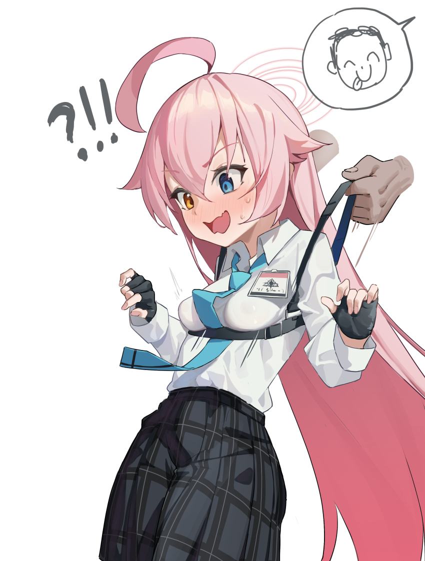 !? 1boy 1girl absurdres ahoge black_skirt blue_archive blue_eyes blue_necktie blush breasts collared_shirt cowboy_shot doodle_sensei_(blue_archive) hair_between_eyes halo harness hetero heterochromia highres holding hoshino_(blue_archive) long_hair long_sleeves necktie open_mouth pink_hair plaid_clothes plaid_skirt pulling_another&#039;s_clothes school_uniform sensei_(blue_archive) shirt simple_background skirt small_breasts solo_focus standing suye very_long_hair white_background yellow_eyes
