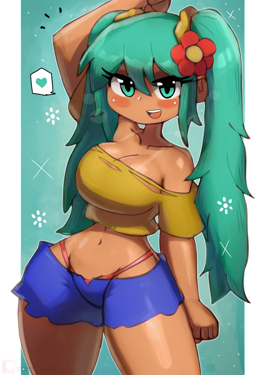 1girl absurdres aqua_eyes aqua_hair arm_up bikini_tan blue_background blue_shorts blush brazilian_miku breasts cleavage collarbone dark_skin flower hair_flower hair_ornament hatsune_miku heart highres large_breasts long_hair looking_at_viewer midriff navel off-shoulder_shirt off_shoulder open_mouth panties red_panties scrunchie shirt short_sleeves shorts smile sparkle speech_bubble spoken_heart standing tan tanline teeth thick_thighs thighs tony_welt torn_clothes torn_shirt twintails underwear vocaloid wide_hips yellow_shirt