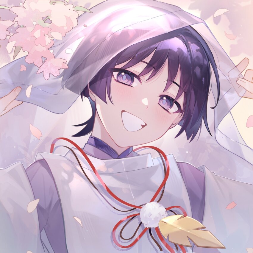 1boy blunt_ends cherry_blossoms falling_petals feathers fingernails genshin_impact grin hands_up head_tilt highres holding_veil japanese_clothes kariginu kimono layered_clothes layered_kimono layered_sleeves light_blush looking_at_viewer male_focus petals pink_veil pom_pom_(clothes) purple_eyes purple_hair purple_pupils purple_sleeves scaramouche_(genshin_impact) scaramouche_(kabukimono)_(genshin_impact) see-through_clothes see-through_clothes see-through_veil smile solo string tokonatts upper_body veil white_kimono white_sleeves yellow_feathers