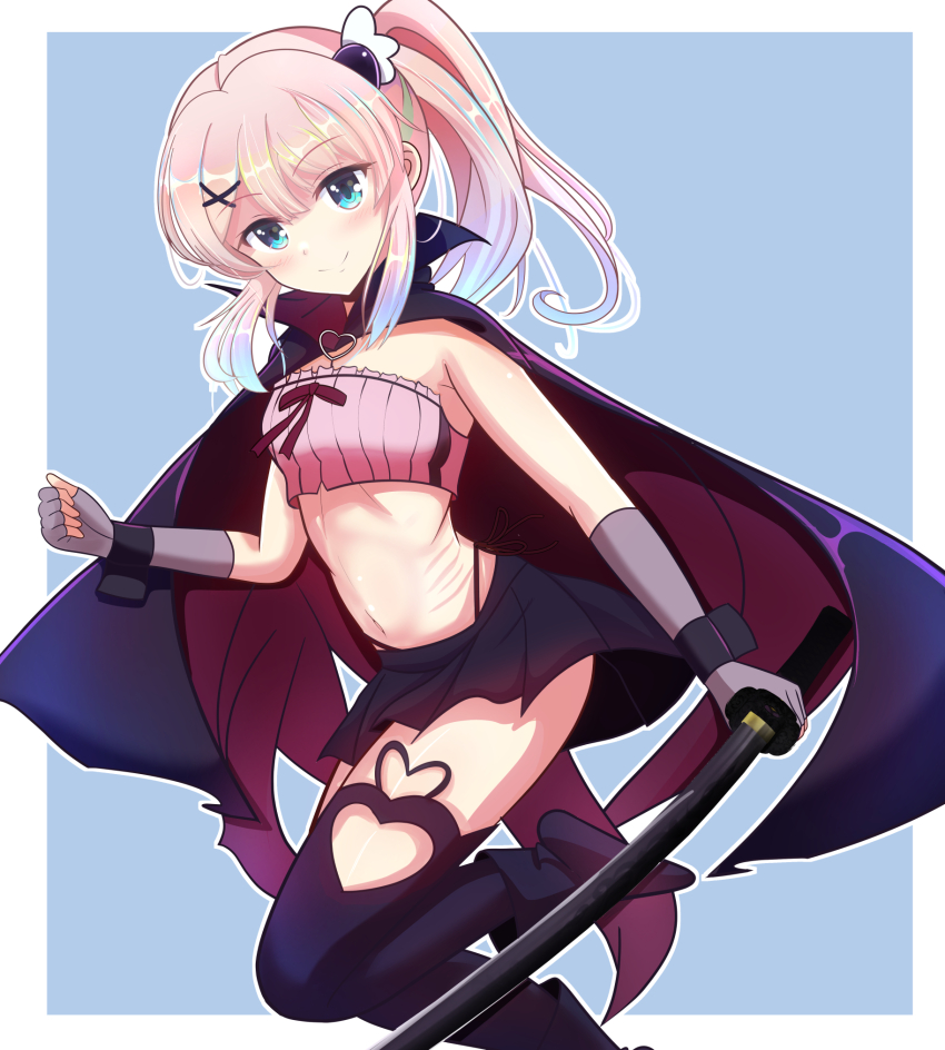 1girl black_thighhighs blue_background blue_eyes blush breasts cape chiyoda_momo closed_mouth fingerless_gloves gloves grey_gloves hair_ornament highres holding holding_sword holding_weapon kumaisao long_hair looking_at_viewer machikado_mazoku magical_girl microskirt midriff navel pink_hair pink_tube_top simple_background skirt small_breasts smile solo strapless sword thighhighs tube_top weapon x_hair_ornament
