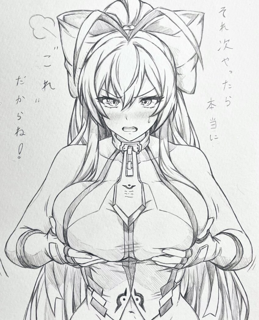 1girl blazblue bow breast_lift breasts collarbone commentary_request graphite_(medium) greyscale hair_between_eyes hair_bow highres large_bow large_breasts mai_natsume monochrome navel seishun_dendeke solo standing sweat traditional_media translation_request v-shaped_eyebrows
