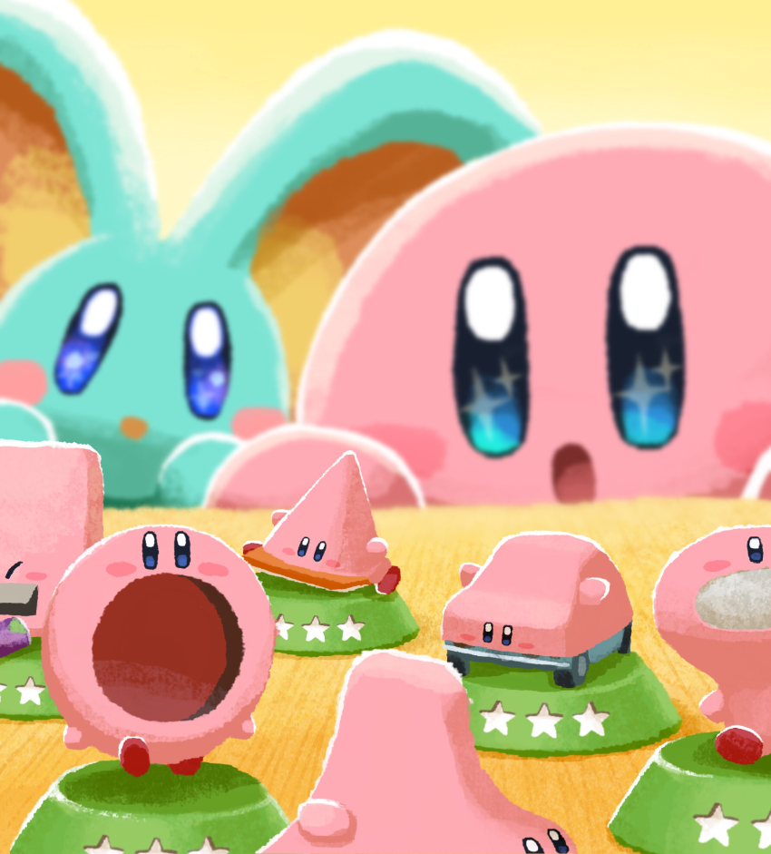 :o aruco_co blue_eyes blurry blurry_background blush blush_stickers can car_mouth coaster_mouth commentary_request cone_mouth depth_of_field drink_can elfilin figure highres kirby kirby_(series) kirby_and_the_forgotten_land light-bulb_mouth mouthful_mode nintendo no_humans open_mouth ring_mouth simple_background soda_can star_(symbol) star_in_eye symbol_in_eye vending_mouth yellow_background