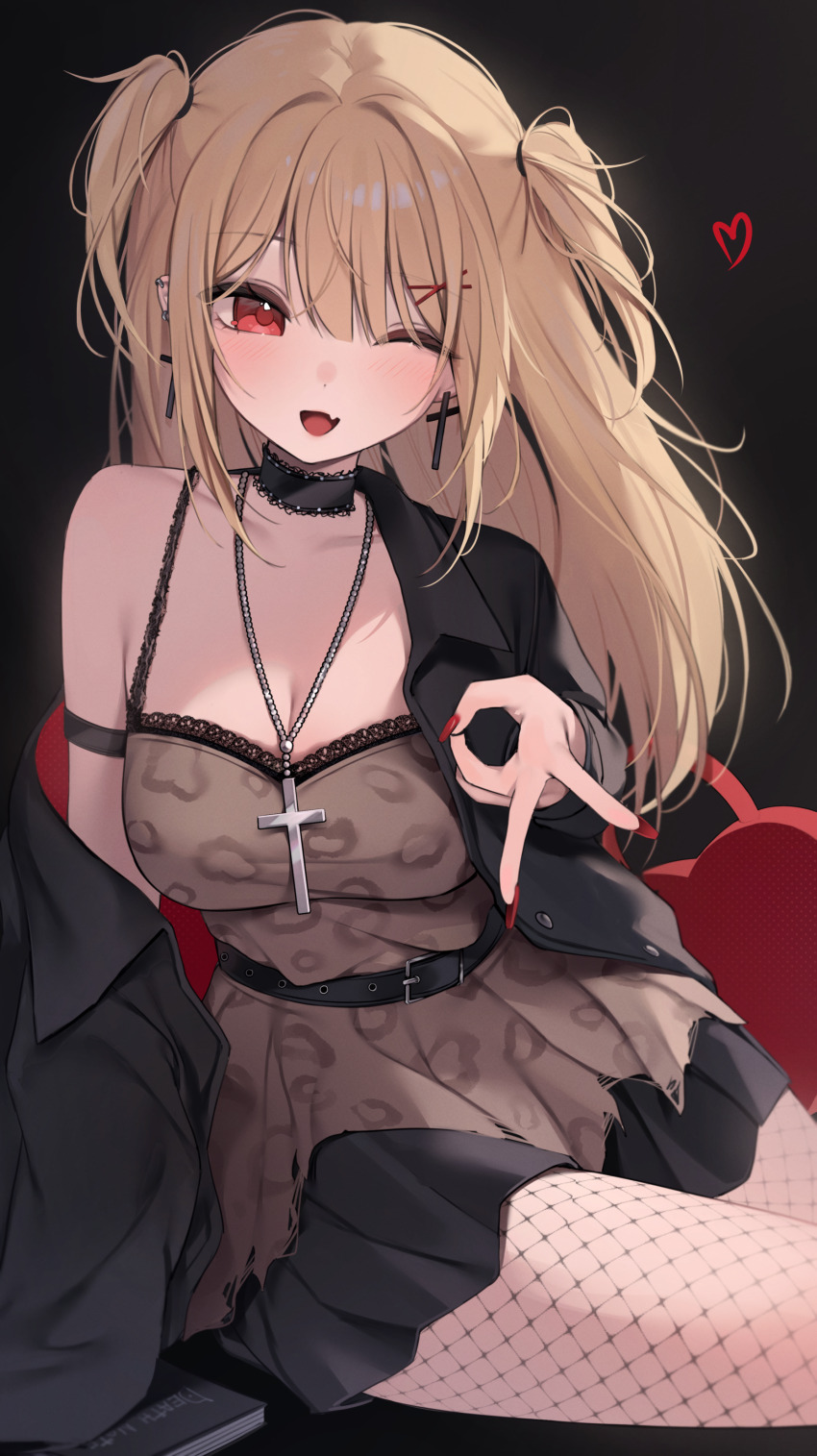 1girl ;d absurdres amane_misa black_choker black_jacket black_skirt blonde_hair book breasts brown_camisole camisole choker cleavage cross cross_earrings cross_necklace death_note death_note_(object) earrings fang fishnet_pantyhose fishnets hair_ornament highres hiroside jacket jewelry lace-trimmed_camisole lace-trimmed_choker lace_trim long_hair medium_breasts nail_polish necklace one_eye_closed open_clothes open_jacket open_mouth pantyhose red_eyes red_nails skin_fang skirt smile solo two_side_up v x_hair_ornament