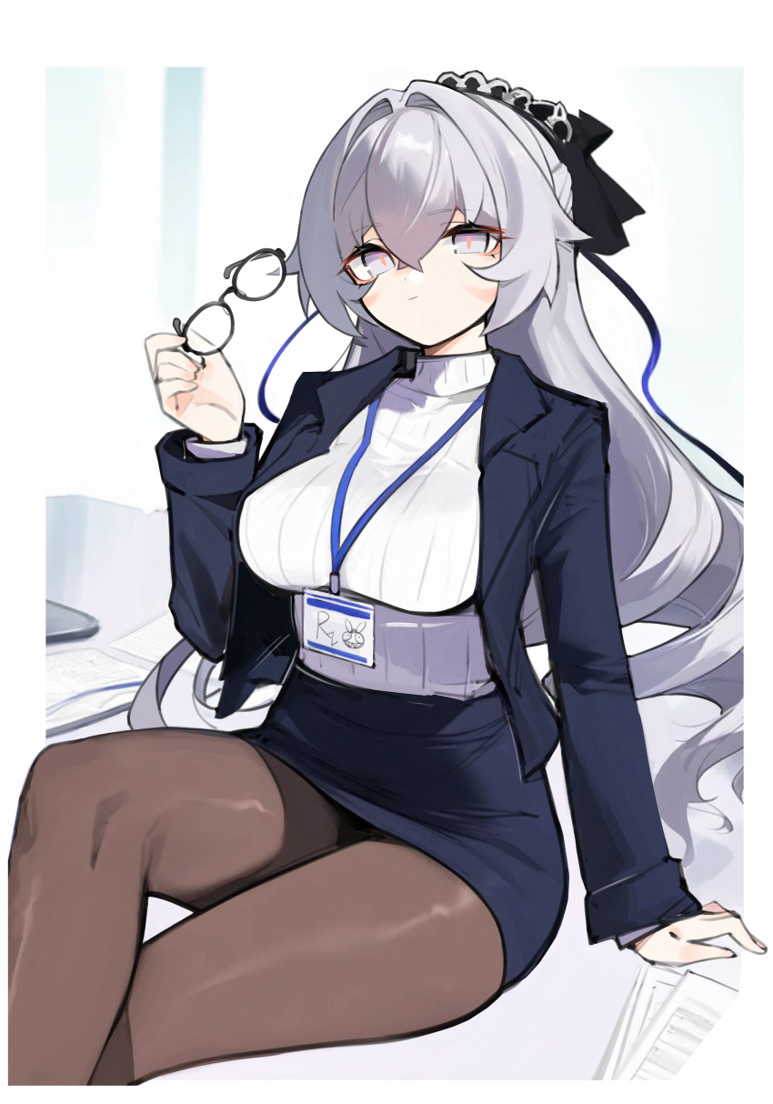1girl absurdres black_pantyhose blue_skirt blue_vest breasts bronya_zaychik bronya_zaychik_(outstanding_attitude) bronya_zaychik_(silverwing:_n-ex) commentary_request drill_hair error1980 formal_clothes glasses grey_eyes grey_hair grey_sweater highres holding holding_removed_eyewear honkai_(series) honkai_impact_3rd id_card large_breasts long_hair office_lady official_alternate_costume pantyhose pencil_skirt sitting skirt solo suit sweater turtleneck turtleneck_sweater unworn_eyewear very_long_hair vest