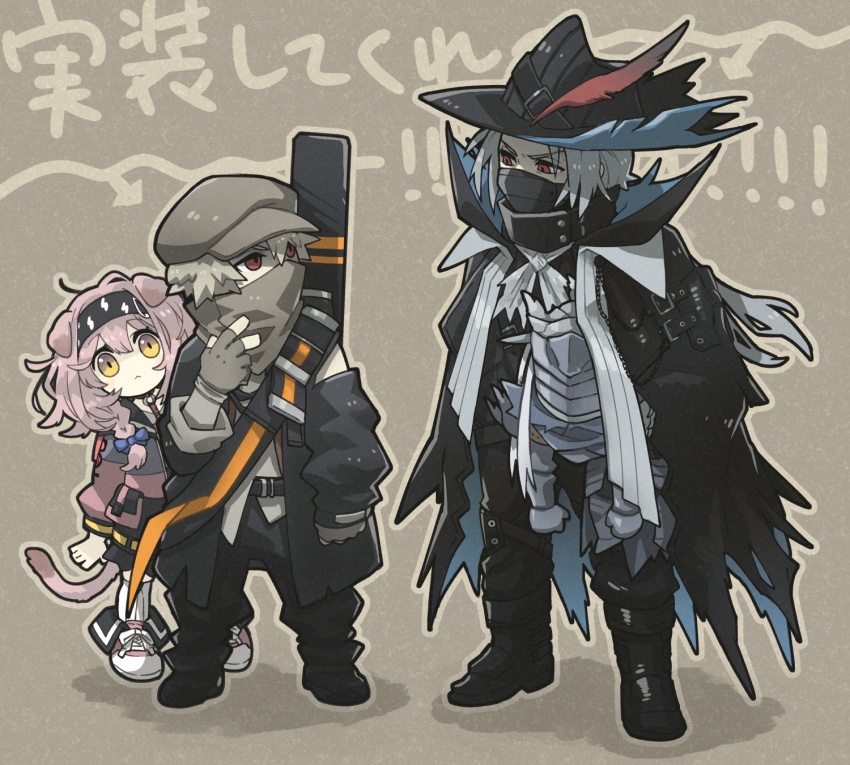 1girl 2boys :&lt; animal_ears arknights black_footwear black_hairband black_headwear black_jacket black_pants blue_bow boots bow braid cat_ears cat_girl cat_tail character_request closed_mouth commentary_request fingerless_gloves gloves goldenglow_(arknights) grey_background grey_gloves grey_hair grey_headwear hair_between_eyes hair_bow hair_over_shoulder hairband hat highres jacket leaning_to_the_side lightning_bolt_print long_hair long_sleeves mask morini_ochiteru mouth_mask multiple_boys newsboy_cap pants pink_hair pink_jacket print_hairband puffy_long_sleeves puffy_sleeves red_(npc)_(arknights) red_eyes shadow single_braid standing tail text_background ulpianus_(arknights) v-shaped_eyebrows yellow_eyes