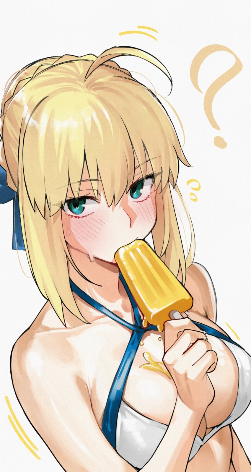 1girl ? absurdres ahoge artoria_pendragon_(fate) artoria_pendragon_(swimsuit_archer)_(fate) artoria_pendragon_(swimsuit_archer)_(first_ascension)_(fate) bikini blonde_hair blue_ribbon blush braid breasts cleavage commentary fate/grand_order fate_(series) flying_sweatdrops food food_in_mouth green_eyes hair_between_eyes hair_ribbon highres holding holding_food holding_popsicle kamisato_sora looking_at_viewer medium_breasts melting_popsicle popsicle popsicle_in_mouth ribbon short_hair simple_background solo sweat swimsuit symbol-only_commentary white_background white_bikini