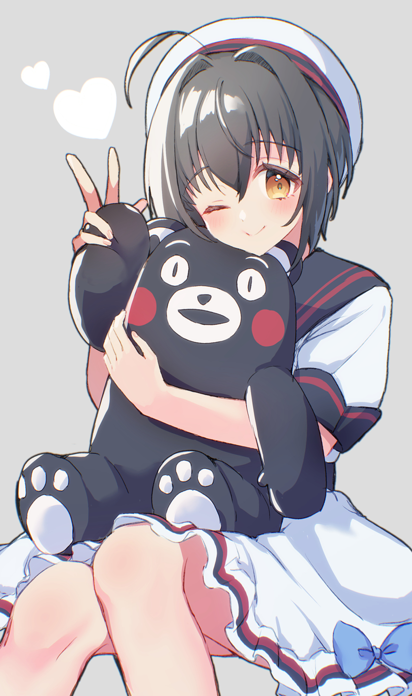 absurdres ahoge black_sailor_collar dress hat heart highres hugging_doll hugging_object idolmaster idolmaster_cinderella_girls kannadukiiru kohinata_miho kumamon light_smile one_eye_closed sailor_collar sitting v white_dress