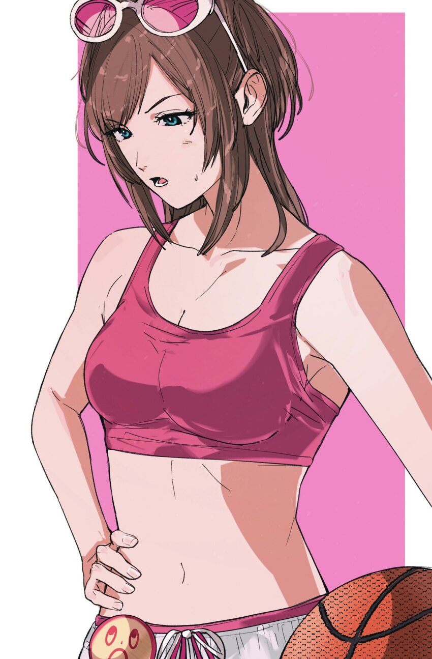 1girl :o ace_attorney alternate_costume amikoiiko apollo_justice:_ace_attorney badge ball basketball_(object) blue_eyes blush breasts brown_hair button_badge cleavage collarbone drawstring ema_skye eyewear_on_head fingernails half_updo hand_on_own_hip highres holding holding_ball linea_alba long_hair looking_down navel open_mouth pants pink-tinted_eyewear pink_background pink_lips pink_sports_bra pink_string simple_background solo sports_bra sternocleidomastoid_muscle sunglasses sweatdrop tied_drawstring tinted_eyewear track_pants two-tone_background upper_body white_background white_pants white_string