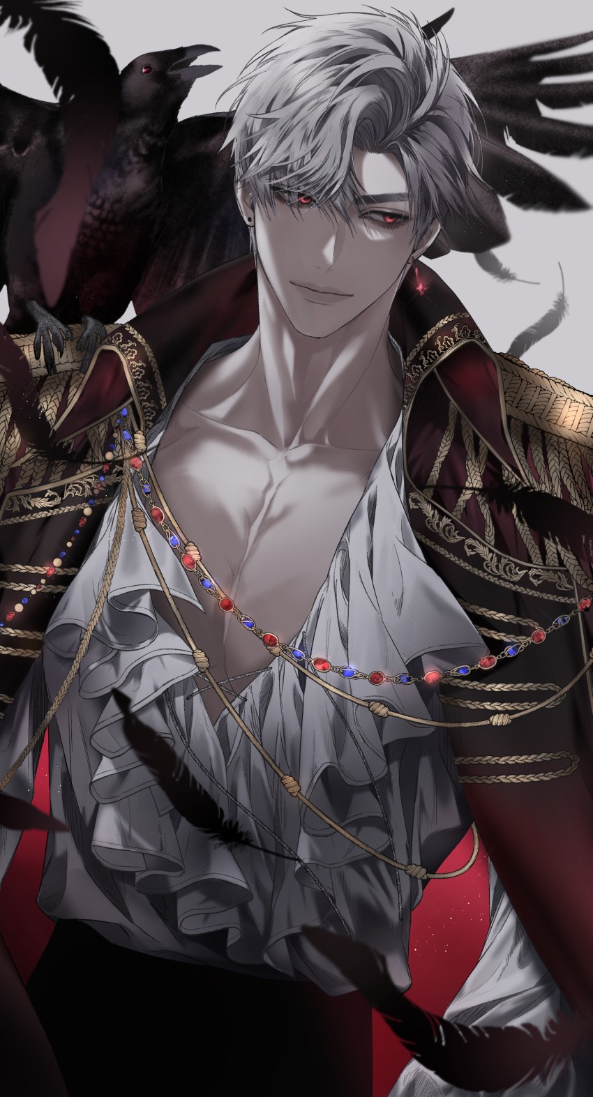 1boy 1other absurdres black_feathers closed_mouth coat collarbone cowboy_shot earrings feathers fee1jo highres jewelry lips looking_to_the_side love_and_deepspace male_focus mephisto_(love_and_deepspace) parted_bangs pectorals red_eyes shirt short_hair solo sylus_(love_and_deepspace) white_hair