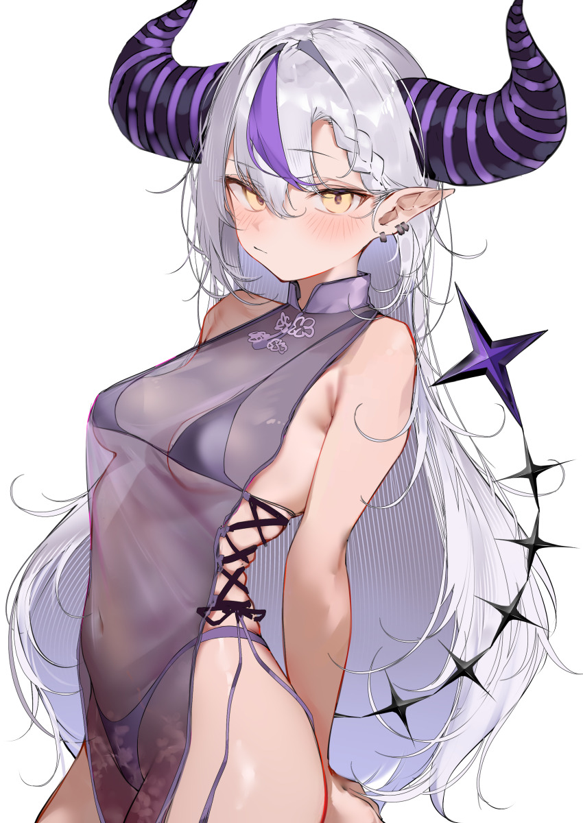 1girl absurdres armpit_crease arms_behind_back bare_arms bare_shoulders bikini blush braid braided_bangs breasts closed_mouth commentary covered_navel cross-laced_clothes cross-laced_dress demon_girl demon_horns demon_tail dress ear_piercing grey_hair hair_between_eyes highres hololive horns huge_horns la+_darknesss looking_at_viewer multicolored_hair pepq piercing pointy_ears purple_bikini purple_dress purple_hair purple_horns see-through_clothes see-through_dress sideless_dress small_breasts solo streaked_hair striped_horns swimsuit symbol-only_commentary tail transparent_background upper_body virtual_youtuber yellow_eyes