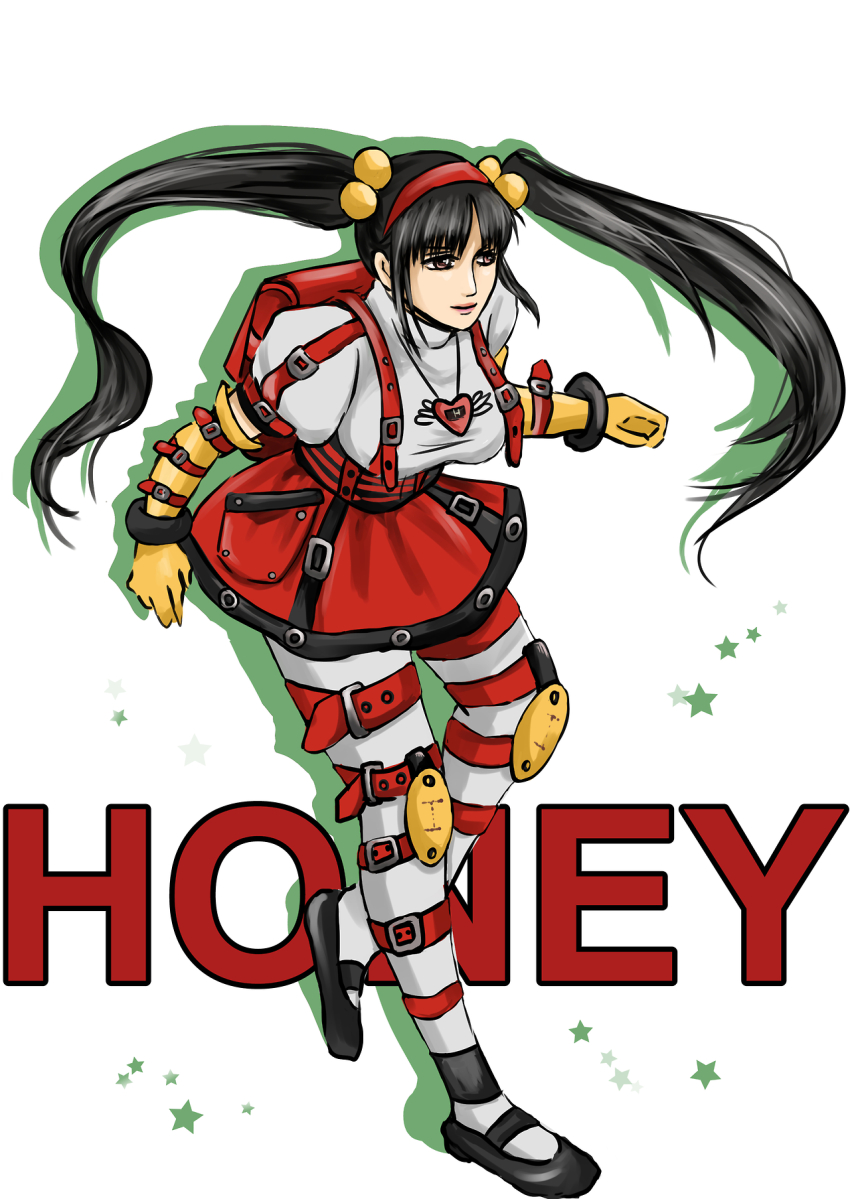 1girl arm_belt backpack bag beads black_hair breasts brown_eyes elbow_gloves female_focus fighters_megamix fighting_vipers gloves hair_beads hair_ornament hairband hayame_(m_ayame) highres honey_(fighting_vipers) knee_pads large_breasts leg_belt long_hair official_alternate_costume puffy_short_sleeves puffy_sleeves randoseru short_sleeves skirt solo thigh_strap thighhighs twintails white_thighhighs yellow_gloves
