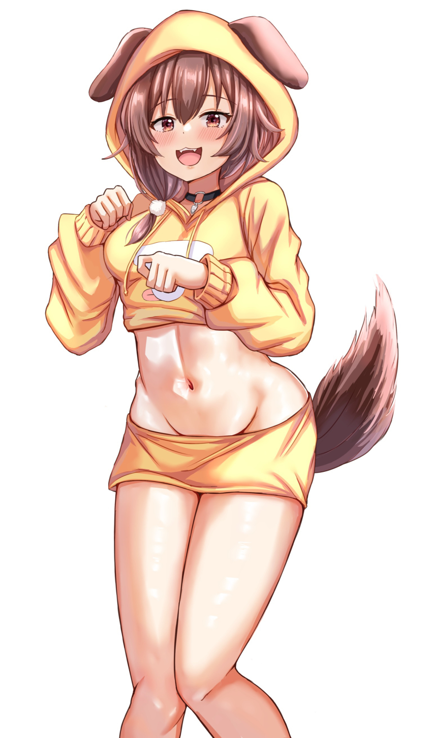 1girl absurdres animal_ears blush breasts brown_eyes brown_hair collar crop_top dog_ears dog_girl dog_tail highres hololive inugami_korone medium_breasts midriff nootomo open_mouth short_hair solo tail virtual_youtuber