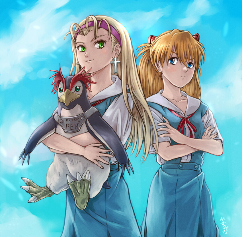 2girls bird blonde_hair blue_eyes blue_hair breasts brown_hair cross cross_earrings crossed_arms crossover dorothy_catalonia earrings feet_out_of_frame green_eyes gundam gundam_wing highres jewelry kazumina looking_at_viewer multiple_girls neon_genesis_evangelion penguin penpen school_uniform shirt short_hair simple_background skirt small_breasts souryuu_asuka_langley standing the_nerv_white_paper tokyo-3_middle_school_uniform white_background white_shirt