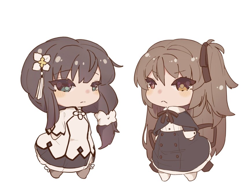 2girls :&lt; arms_at_sides assault_lily black_capelet black_hair black_ribbon black_skirt blush brown_hair brown_thighhighs buttons capelet chibi closed_mouth collared_shirt commentary_request flower green_eyes hair_flower hair_ornament hair_ribbon hair_scrunchie high-waist_skirt highres kuo_shenlin kuro_ula long_hair long_sleeves looking_at_another multiple_girls neck_ribbon one_side_up red_eyes ribbon school_uniform scrunchie shirt side_slit simple_background skirt standing tassel tassel_hair_ornament thighhighs v-shaped_eyebrows wang_yujia white_background white_flower white_scrunchie white_shirt white_thighhighs yellow_eyes yurigaoka_girls_academy_school_uniform