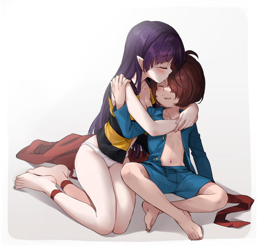 1boy 1girl barefoot blush closed_eyes couple gegege_no_kitarou hair_down hair_over_one_eye hand_on_another&#039;s_shoulder hetero highres kiss kissing_forehead kitarou long_hair nekomusume nekomusume_(gegege_no_kitarou_6) on_ground panties pointy_ears purple_hair short_hair silanduqiaocui sitting smile underwear white_panties