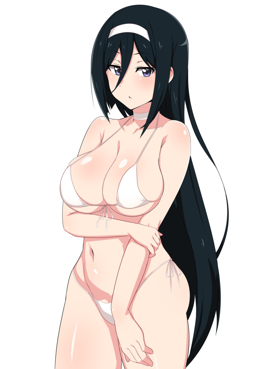 1girl bikini black_hair blue_eyes breasts choker cleavage headband highres hyouka irisu_fuyumi large_breasts long_hair looking_at_viewer micro_bikini navel seihekiog simple_background solo standing swimsuit white_background white_bikini white_choker