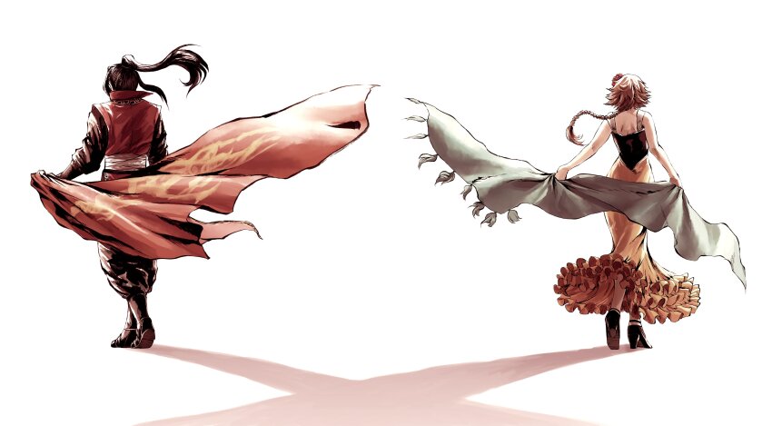 1boy 1girl aa_naruhhodo absurdres agnea_bristarni black_hair braid braided_ponytail brown_hair cape commentary_request flower from_behind full_body high_ponytail highres hikari_ku low_ponytail octopath_traveler octopath_traveler_ii ponytail red_cape red_flower red_rose red_tunic rose simple_background standing tunic white_background