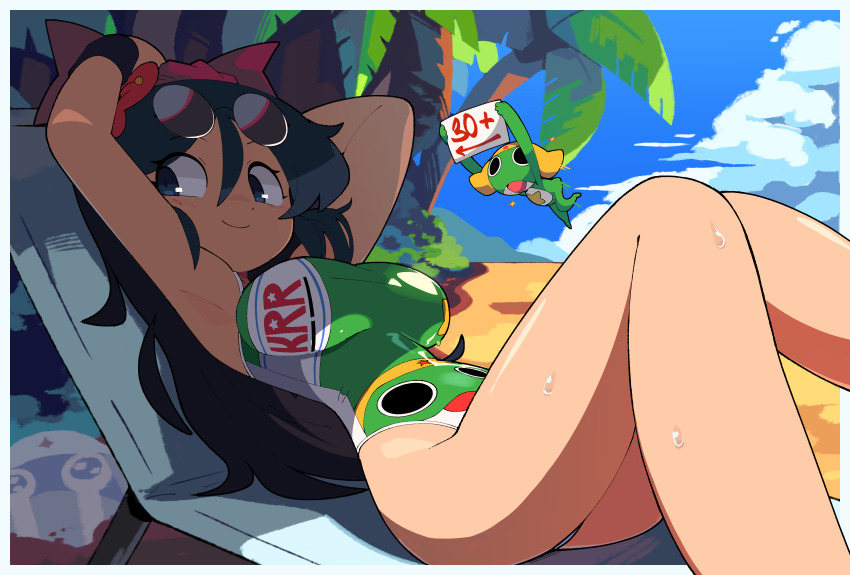 1girl 2boys absurdres armpits arms_up ass bacun beach beach_chair black_hair blue_sky bow breasts casual_one-piece_swimsuit character_print cloud commentary crying dororo_(keroro_gunsou) english_commentary eyewear_on_head flower frog frog_boy hair_bow hair_flower hair_ornament hat highres hinata_aki holding holding_sign keroro keroro_gunsou large_breasts long_hair mask mature_female mouth_mask multiple_boys one-piece_swimsuit outdoors palm_tree reclining sand shade sign sky smile solid_circle_pupils star_(symbol) streaming_tears sunglasses sweat swimsuit tears tree wristband