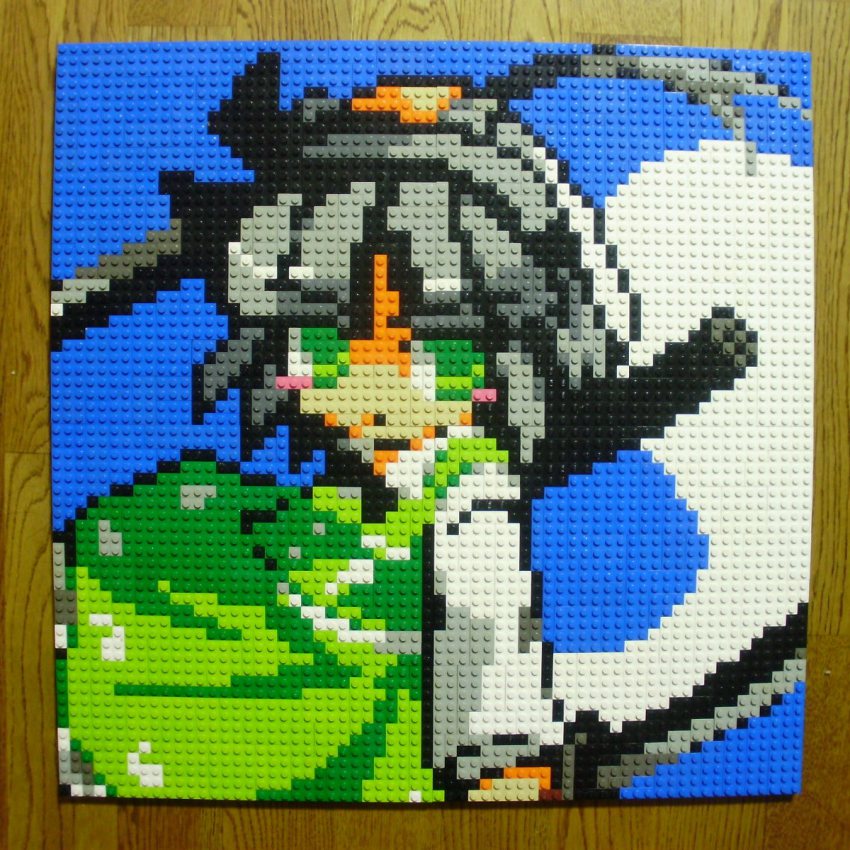 1girl blush_stickers dress dual_wielding female_focus green_eyes highres holding katana konpaku_youmu konpaku_youmu_(ghost) lego lego_(medium) photo_(medium) pixel_art short_hair silver_hair solo sword tanto touhou unconventional_media weapon you_rei_(blowback)