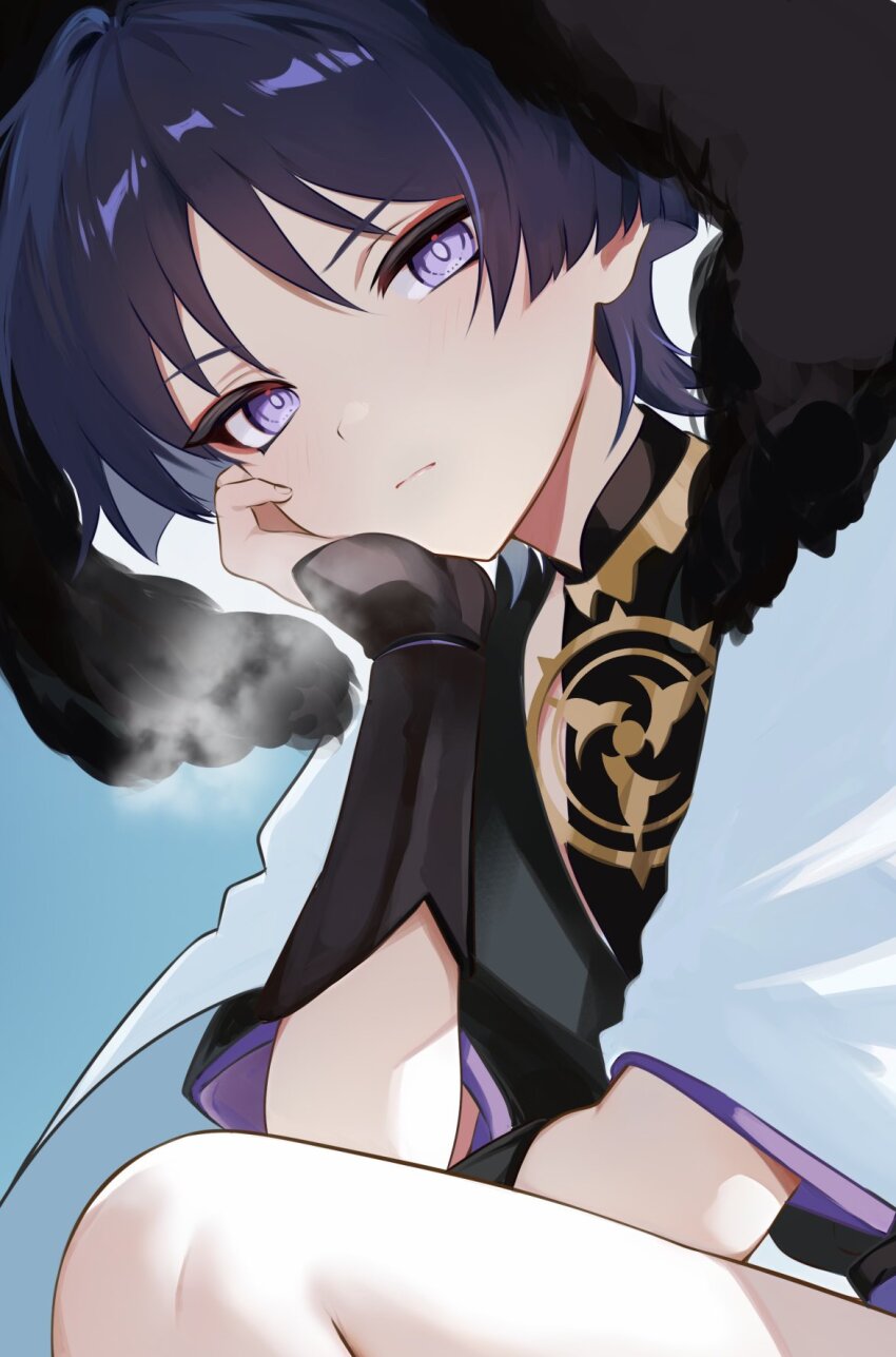 1boy arm_on_thigh armor asymmetrical_sleeves black_bodysuit black_hair black_sleeves blue_background blunt_ends bodysuit coat elbow_on_thigh eyeliner eyeshadow fatui_coat fingernails fur-trimmed_hood fur_trim genshin_impact gold hand_on_own_face head_rest highres hood hood_up hooded_coat japanese_armor jewelry kote kurokote layered_sleeves looking_at_viewer makeup male_focus mandarin_collar mitsudomoe_(shape) neck_ring open_clothes open_coat purple_eyes purple_pupils purple_sleeves red_eyeliner red_eyeshadow rrr_gns_(riuriu_1212) scaramouche_(genshin_impact) solo steaming_body tomoe_(symbol) tsurime unfinished white_coat white_sleeves