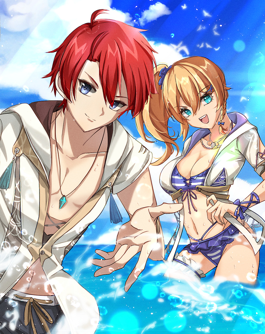 1boy 1girl adol_christin aqua_eyes bikini blue_bikini blue_eyes blue_ribbon blue_sky braid breasts cleavage closed_mouth cloud frilled_bikini frills hair_ribbon highres jewelry karja_balta large_breasts looking_at_viewer medium_hair navel necklace official_alternate_costume open_mouth outdoors red_hair ribbon short_hair side_ponytail sky smile stomach swimsuit wading water ys ys_x:_nordics zer00han