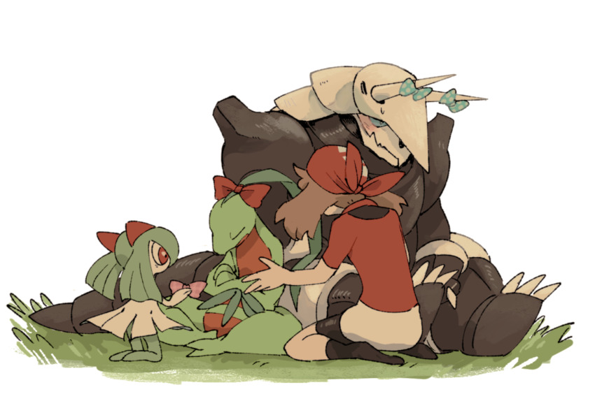 1girl aggron bandana bike_shorts black_socks blue_bow blue_eyes bow brown_hair claws colored_skin gen_3_pokemon grass green_hair green_skin grovyle horns kirlia mashita._(mentaiko_omoti) may_(pokemon) multicolored_skin nintendo on_grass pink_eyes pokemon pokemon_(creature) pokemon_rse red_bow red_shirt shirt sidelocks socks two-tone_skin white_skin