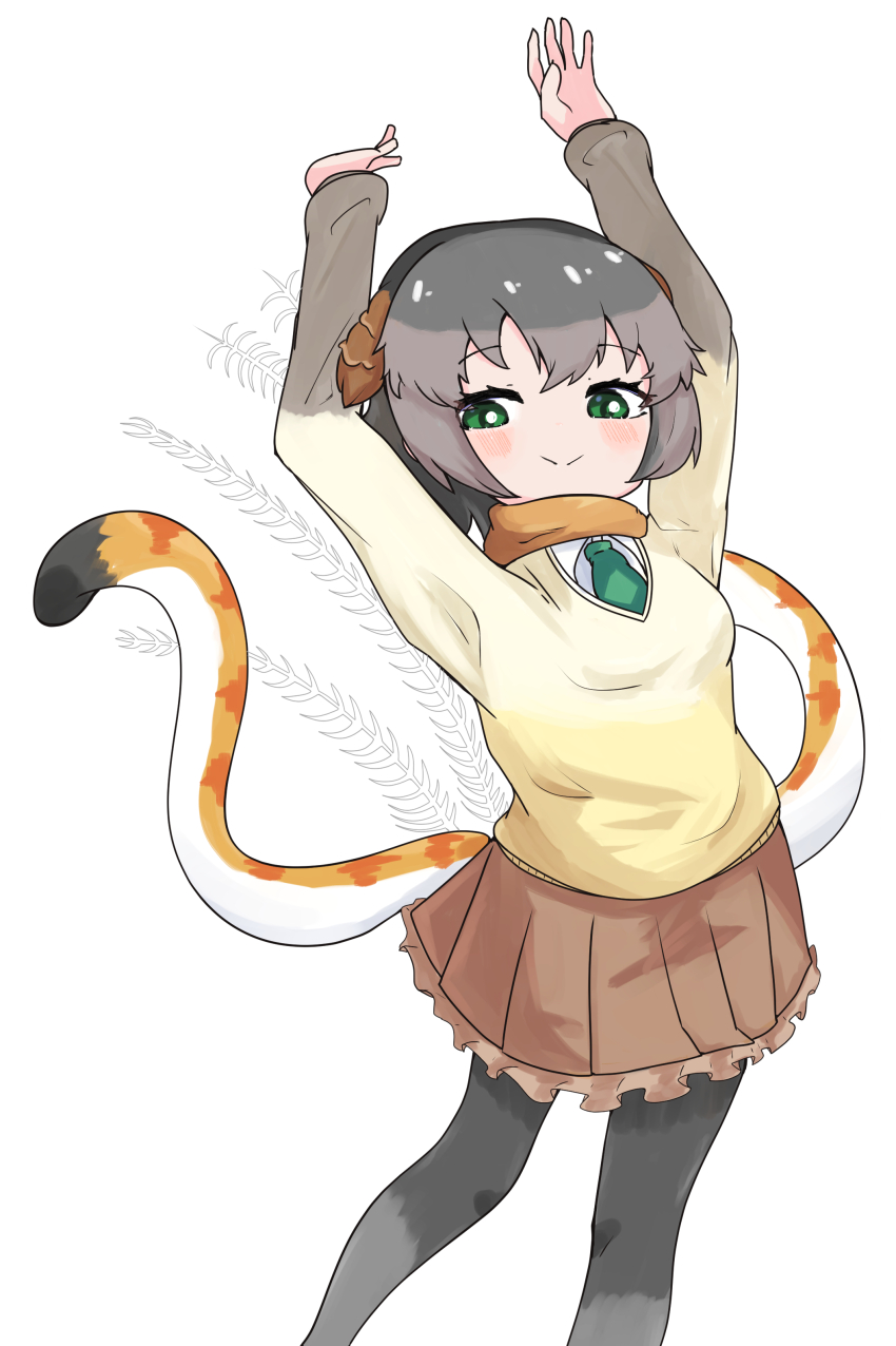 1girl absurdres animal_ears arms_up bird_ears bird_tail bird_wings blush brown_hair brown_scarf brown_skirt cowboy_shot frilled_skirt frills gradient_sweater green_eyes green_necktie grey_hair grey_pantyhose grey_sweater hair_between_eyes head_wings highres kemono_friends long_sleeves multicolored_hair necktie pantyhose pleated_skirt scarf short_hair sidelocks skirt smile solo superb_lyrebird_(kemono_friends) sweater tail toro_orororo wings yellow_sweater