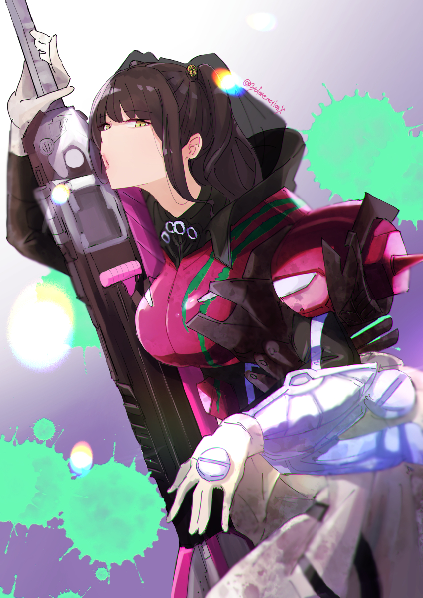 1girl absurdres breasts brown_hair cycloneactionx gloves highres holding holding_weapon kamen_rider kamen_rider_gotchard_(series) lachesis_(kamen_rider_gotchard) looking_at_viewer multicolored_background open_mouth solo tokusatsu twitter_username two_side_up veil weapon white_gloves yellow_eyes