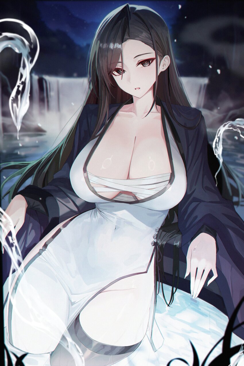 1girl absurdres black_eyes black_hair breasts budget_sarashi cleavage collarbone commentary_request covered_navel dress highres korean_commentary large_breasts long_hair long_sleeves looking_at_viewer no_panties open_mouth original orn pelvic_curtain sarashi single_thighhigh solo steam thighhighs thighs very_long_hair water white_dress wide_sleeves