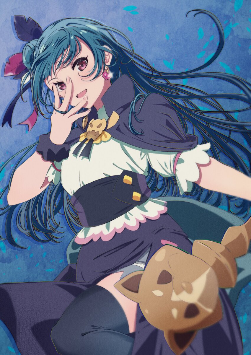1girl :d black_capelet black_feathers black_skirt black_thighhighs blouse blue_background blue_hair blush brooch capelet collared_capelet commentary feather_hair_ornament feathers feet_out_of_frame frontrivers_kae genjitsu_no_yohane hair_bun hair_ornament highres holding holding_staff jewelry looking_at_viewer love_live! love_live!_sunshine!! open_mouth pink_eyes puffy_short_sleeves puffy_sleeves red_feathers shirt short_sleeves single_side_bun skirt smile solo staff thighhighs tsushima_yoshiko white_shirt yohane_(genjitsu_no_yohane)