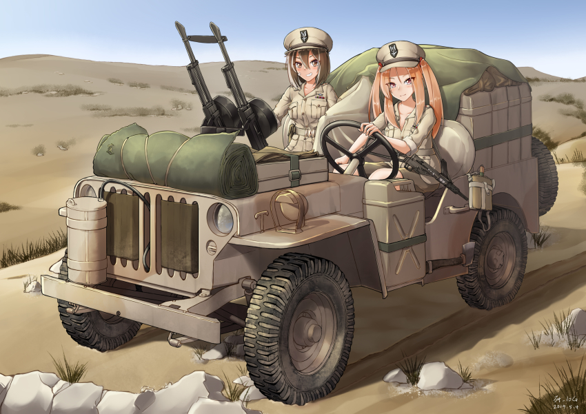 2girls absurdres blue_sky breast_pocket brown_eyes brown_hair brown_headwear brown_shirt brown_shorts car day desert driving gun hat highres kangri_jian light_brown_hair long_hair military military_jeep military_uniform motor_vehicle multiple_girls original outdoors peaked_cap pocket rock sand shirt shorts sky special_air_service sten_gun submachine_gun vehicle_focus weapon world_war_ii