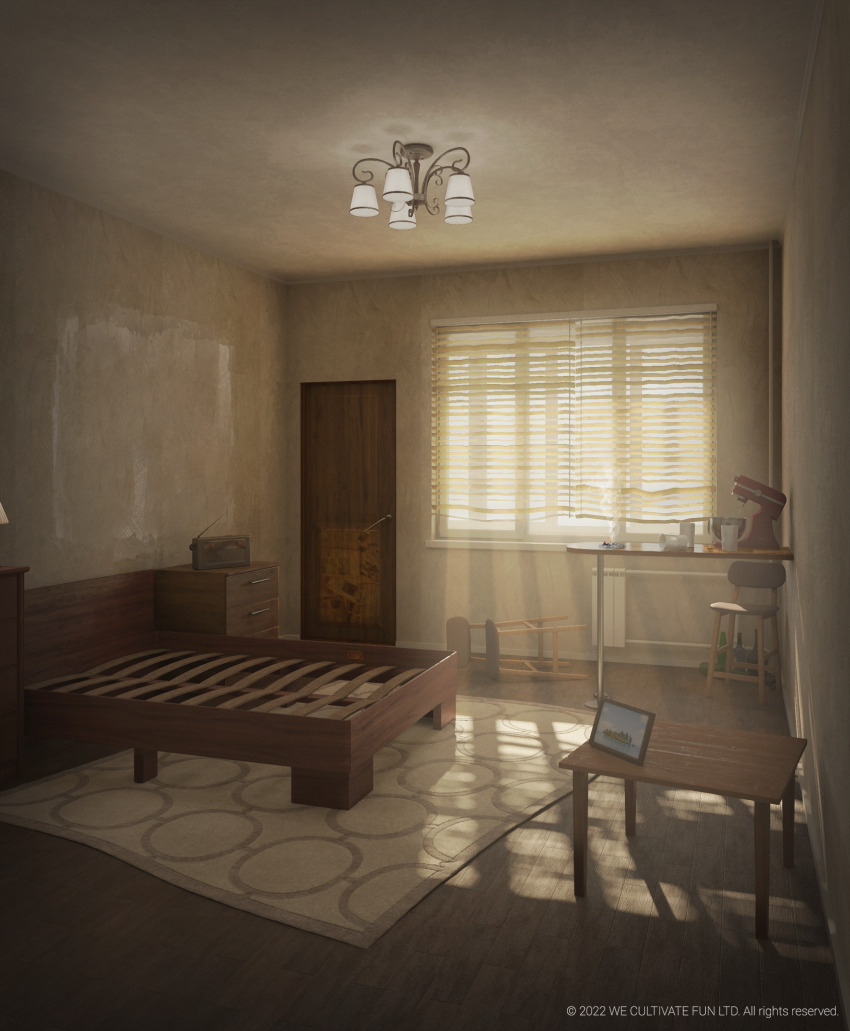 3d bed_frame binder carpet ceiling ceiling_light door doorknob drawer drawing_(object) highres indoors interior mixer_(cooking) no_humans original picture_frame radio scenery shadow sunlight surafin table wall window wooden_chair wooden_table