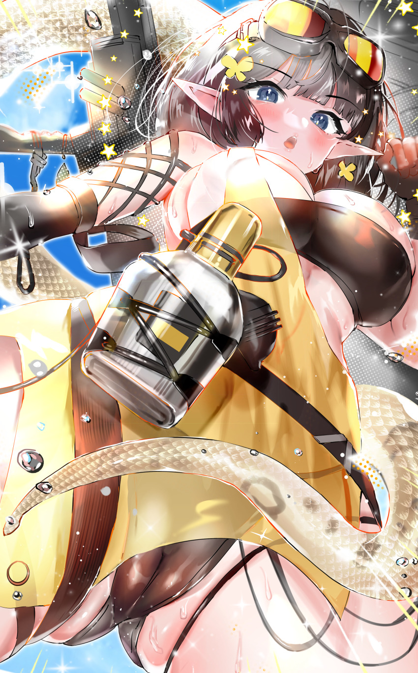 1girl absurdres arknights bandeau black_bandeau black_hair black_panties blue_eyes breasts cameltoe eunectes_(arknights) from_below goggles goggles_on_head highres large_breasts looking_at_viewer open_mouth panties pointy_ears short_hair snake_tail solo tail tekona0 underwear