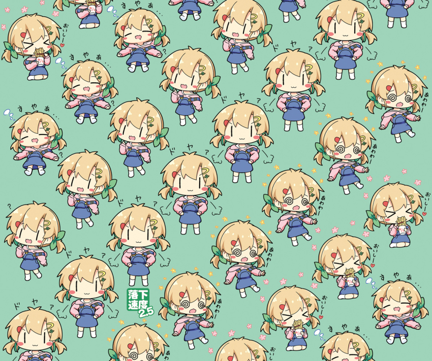 &gt;_&lt; 6+girls :3 ? @_@ antenna_hair blonde_hair blue_overalls blush_stickers bow chibi chibi_only chopsticks closed_mouth commentary_request cup_ramen dizzy doyagao drooling eating food full_body furrowed_brow green_bow grey_background hair_bow hair_ornament hairclip hand_up hands_on_own_hips hao_(pila-pela) holding holding_chopsticks holding_food hood hood_down hoodie kneeling long_sleeves low_twintails lying medium_hair mouth_drool multiple_girls no_shoes on_back open_mouth original overalls pila-pela pink_hoodie puff_of_air recurring_image sidelocks simple_background sleeping smile smug socks squeans standing standing_on_one_leg strap_slip translation_request twintails v-shaped_eyebrows white_socks |_|