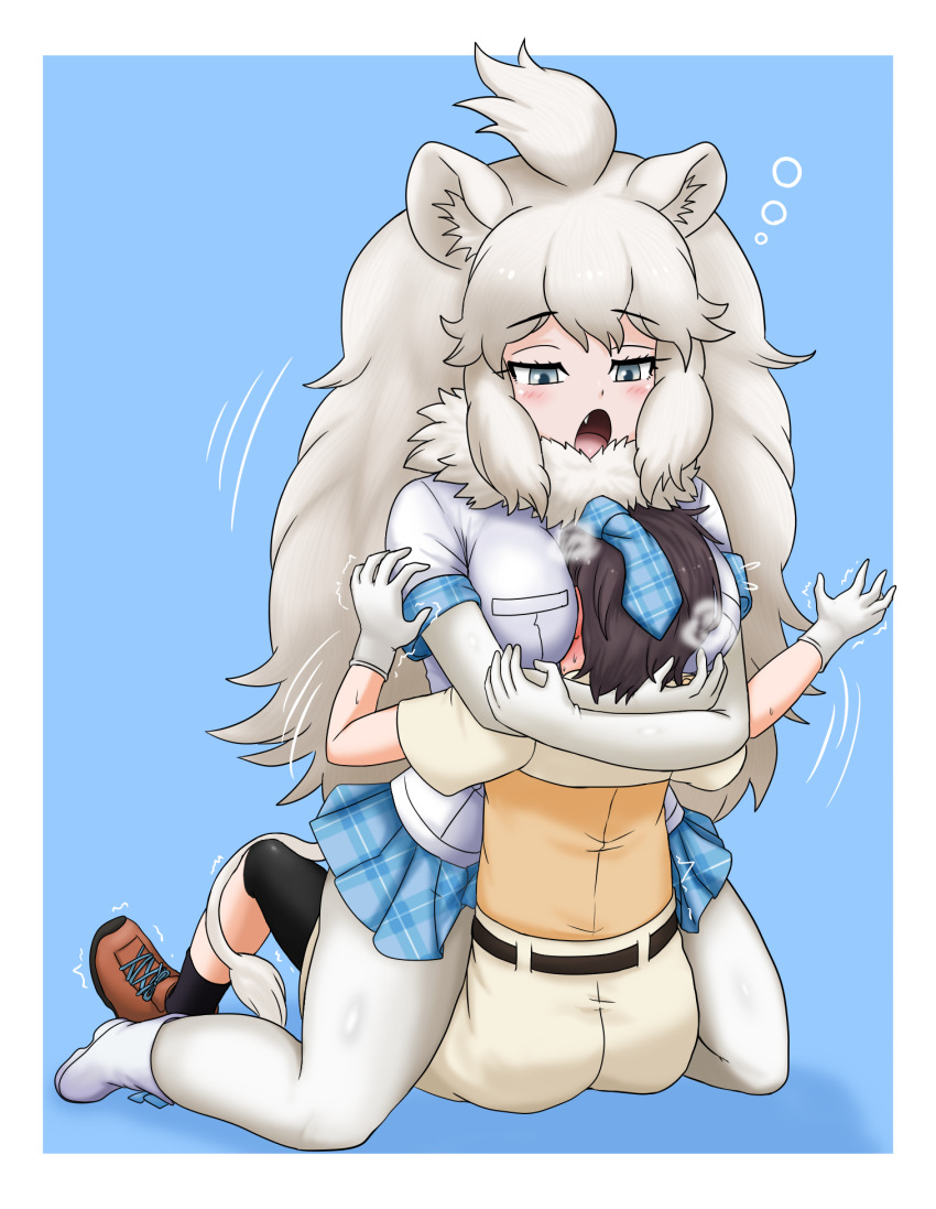 1boy 1girl :o adansosutega between_breasts breast_smother breasts captain_(kemono_friends) embarrassed face_to_breasts head_between_breasts highres open_mouth sweat trembling white_lion_(kemono_friends)