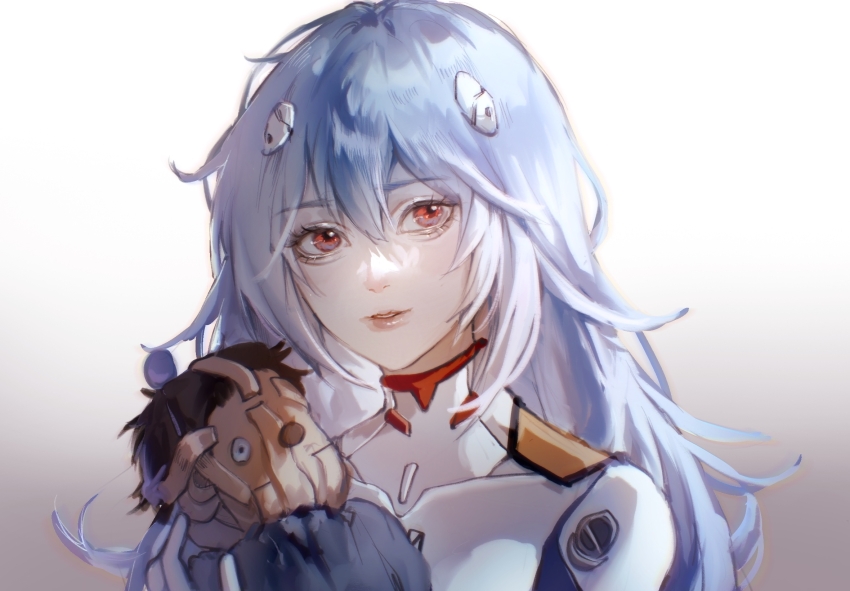1girl alternate_hair_length alternate_hairstyle ayanami_rei blue_hair bodysuit character_doll doll elicooc evangelion:_3.0+1.0_thrice_upon_a_time eyelashes gradient_background grey_background hair_between_eyes highres holding holding_doll ikari_shinji interface_headset_(evangelion) long_hair looking_at_viewer mecha_pilot_suit neon_genesis_evangelion parted_lips plugsuit_(evangelion) portrait rebuild_of_evangelion red_eyes solo white_bodysuit